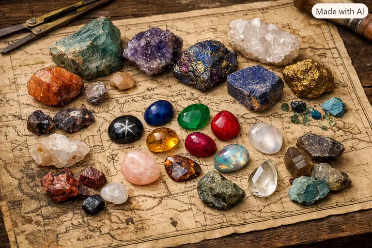 Geology and gemology connection shown through raw mineral specimens and ancient artifacts.
