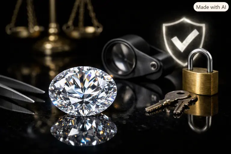 Gemstone trust and verification lessons shown through a brilliant-cut diamond on a black background.