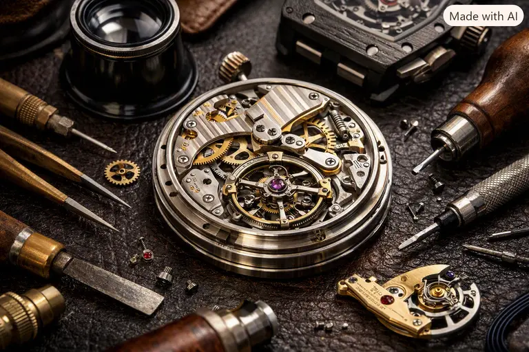 Luxury watch price factors explained with a close-up of a tourbillion movement and artisan tools.