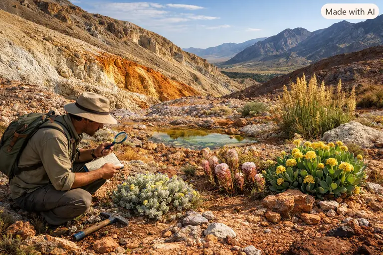 Reading landscapes for treasures by observing rare plants growing near mineral-rich soil.