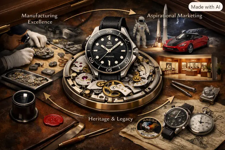 The Omega Watch Business Model illustrated by a mechanical movement and luxury branding.