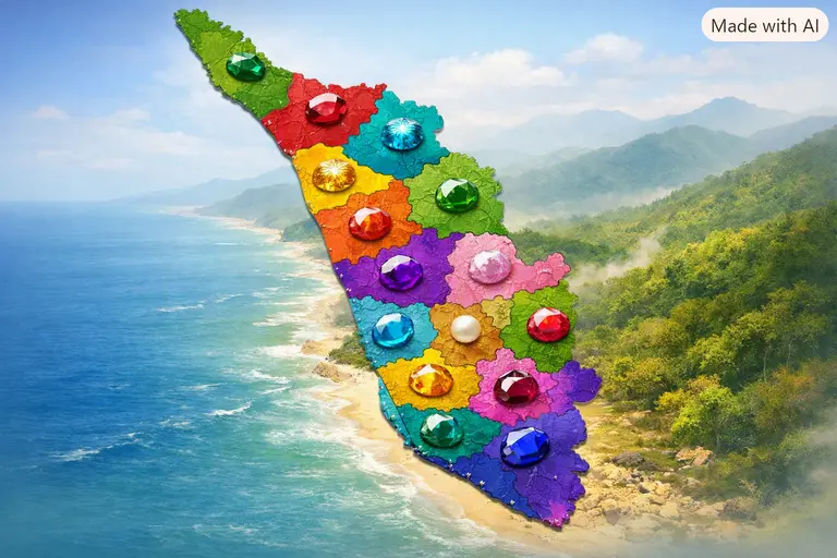 A colorful map illustrating the 14 Colors of Keralam branding proposal for each district.