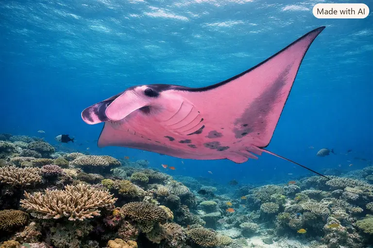 The Inspector Clouseau Pink Manta Ray swimming near Lady Elliot Island, showcasing its unique pink belly.