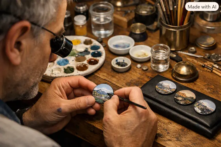 Schaefer and Companions Watchmaking artisan working on a hand-painted dial.