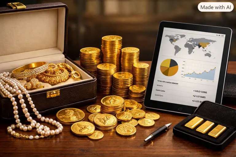 Household gold wealth storage comparison showing a jewelry box, gold coins, and a digital valuation report.