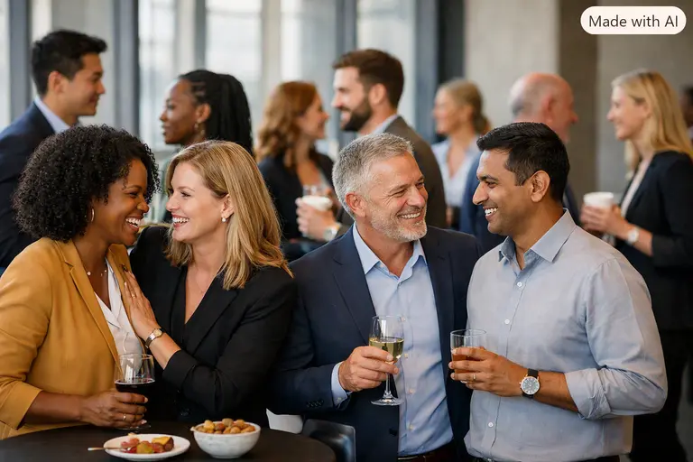 A diverse group of professionals at a networking event representing close friends and casual ties in business.