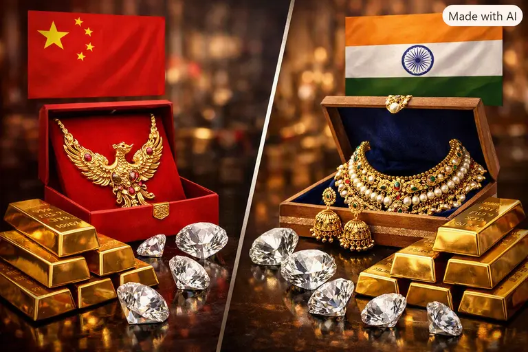 China vs India Jewelry comparison chart featuring gold bars and polished diamonds.