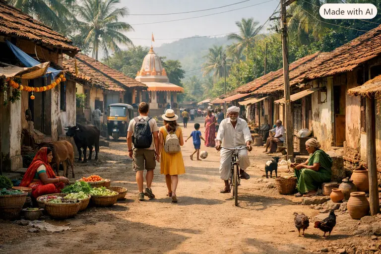 A quiet Indian village street showing local life as an example of Tiny Tourism India.