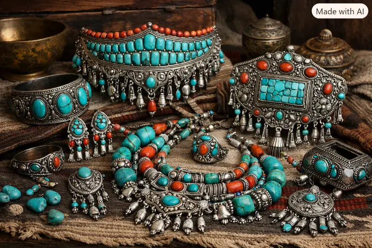 Intricate Spiti jewellery set with silver and turquoise stones.