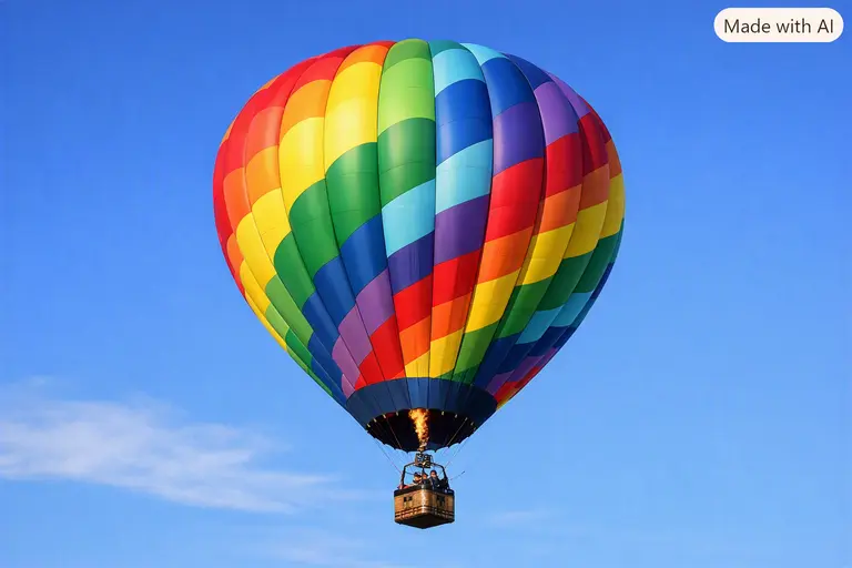 A multicolored hot air balloon illustrating Balloon Color Science in a blue sky.