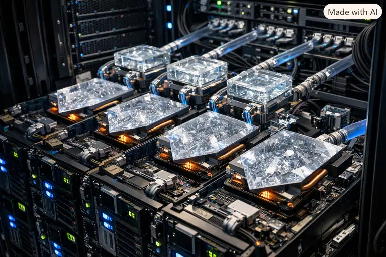 A high-tech server rack using synthetic diamond cooling components to manage AI heat.