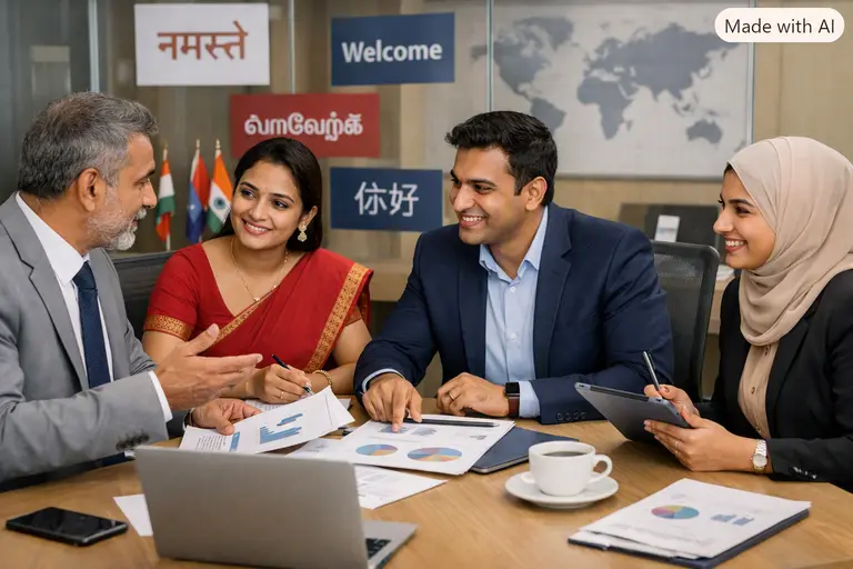 A group of Indian professionals discussing a business deal in a multilingual office setting.