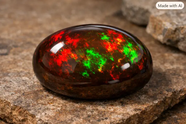 A polished chocolate opal from Ethiopia showing red and green play-of-color against a brown background.