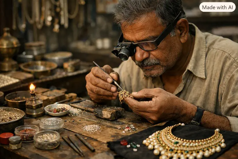 An Indian artisan working on a piece of jewelry, symbolizing India's 99 percent business lessons.