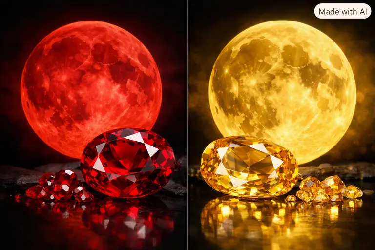 A collection of Moon Colors and Gemstones showing a red moon next to a ruby and a yellow moon next to a citrine.