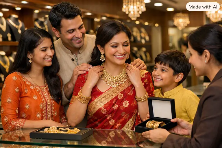 An Indian family happily shopping for jewelry, reflecting the topic: Do Indians Feel Guilty About Spending.