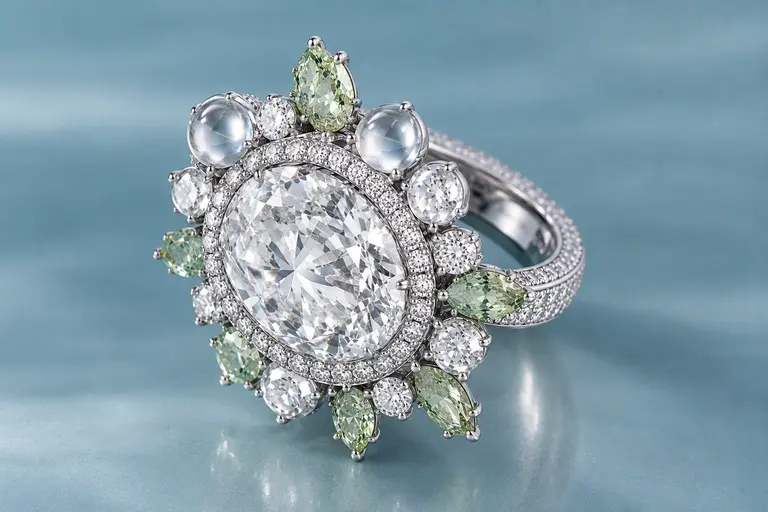 A high-end De Beers jewellery piece featuring a smooth cabochon-cut diamond.