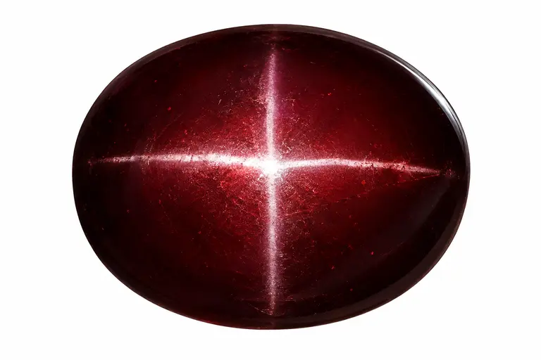 A deep red star garnet cabochon showing a sharp four-ray star effect.
