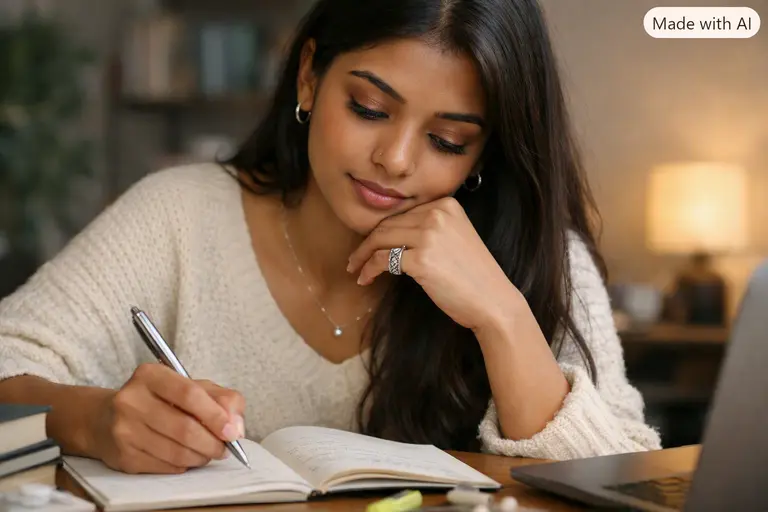 A young Indian woman wearing a silver Kinetic Jewellery India spinner ring while studying.