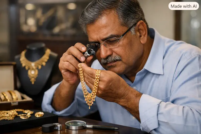A jeweler inspecting a gold necklace to establish Jewelry Resale Trust India.