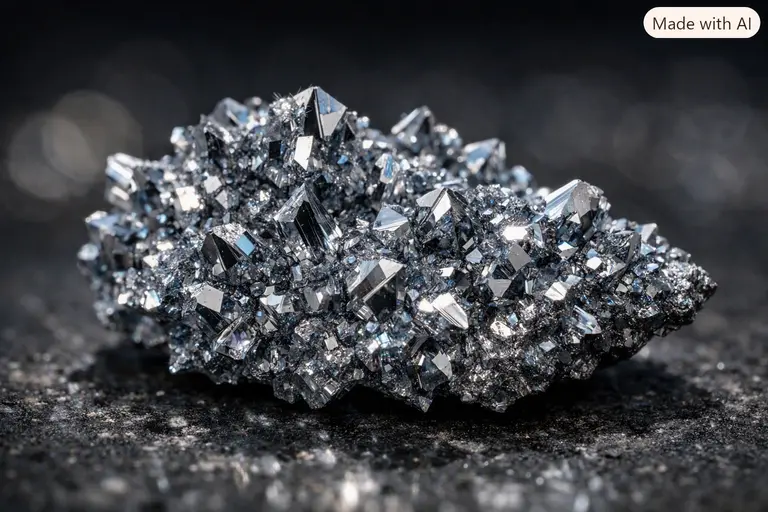 A sample of crystalline osmium, the rarest precious metal on Earth, reflecting light.