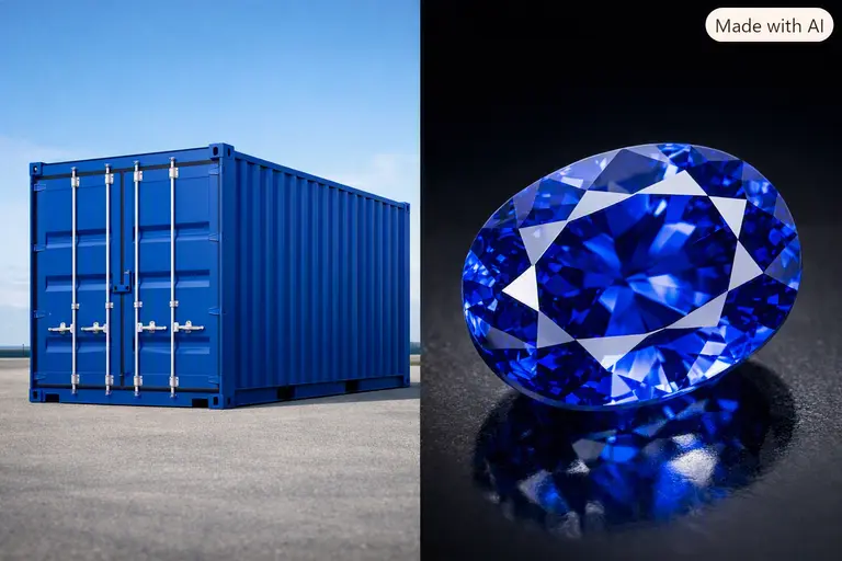 A side-by-side comparison of container and gemstone colors featuring a blue shipping container and a blue sapphire.