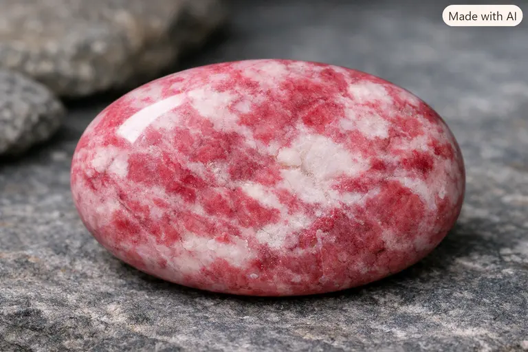 A polished Norwegian thulite gemstone showing its characteristic rose-pink and white pattern.