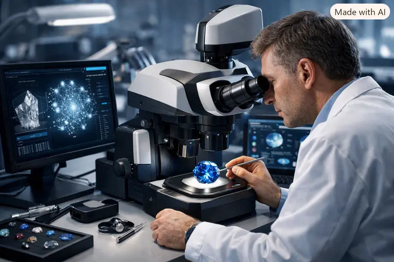 A professional gemologist using an AI-assisted microscope to analyze a gemstone, representing the Gemology and AI Future