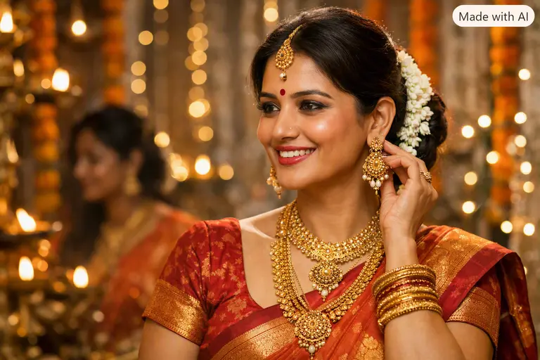 An ordinary Indian woman wearing traditional gold jewelry during a festival, symbolizing Indian jewelry affection.