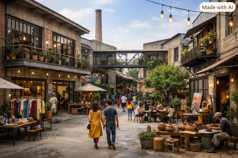 A wide shot of one of India's creative warehouse districts showing boutiques and art studios in a converted industrial space.
