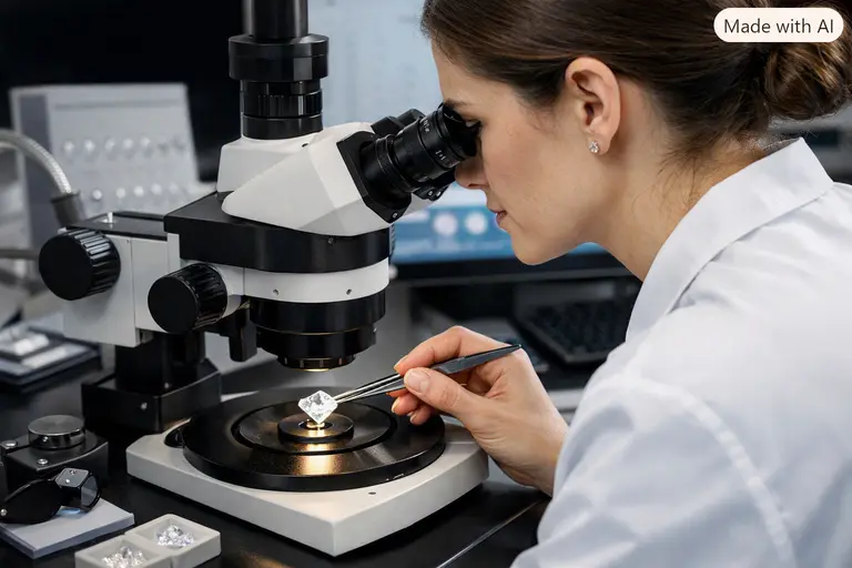 A GIA gemologist grading a diamond under a microscope to establish gemological trust.