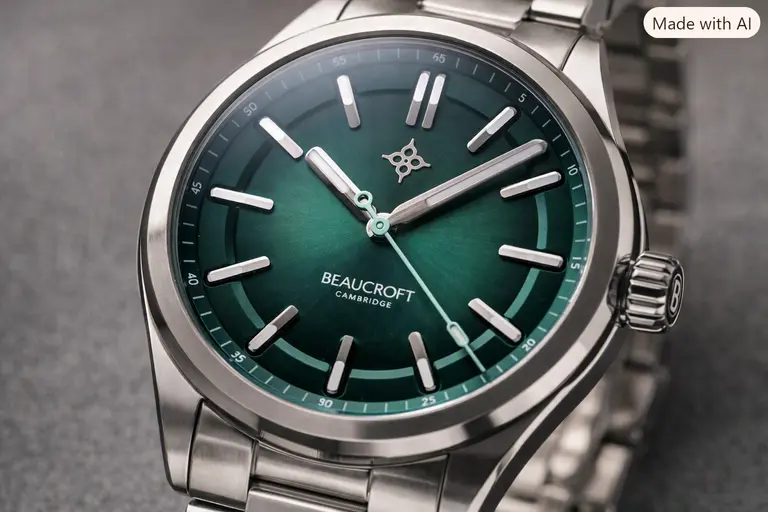 A close-up of a Beaucroft Element watch showing the dial detail and bracelet.