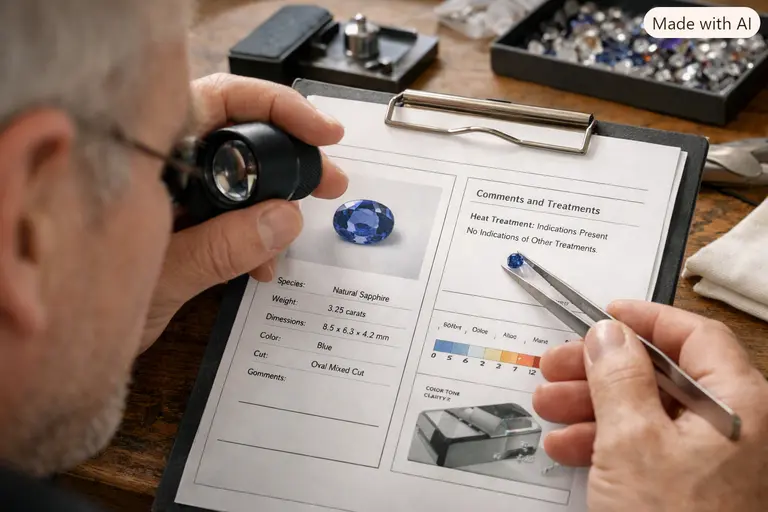 A professional jeweller examining a gemstone report with a loupe.