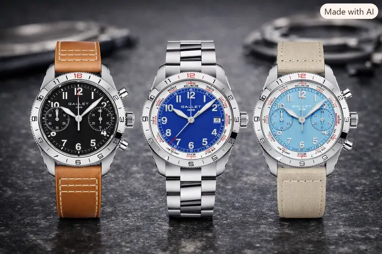 A side-by-side view of various Gallet watch models on leather straps and bracelets.