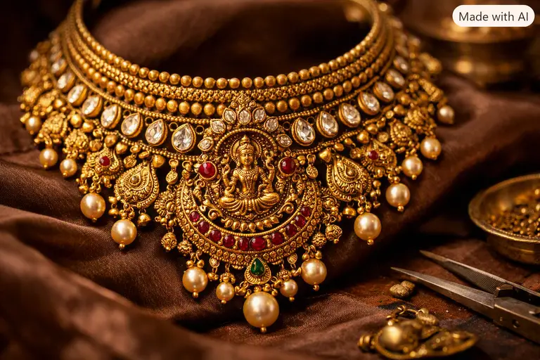 A close-up of modern Indian jewellery design featuring handcrafted gold and traditional patterns.
