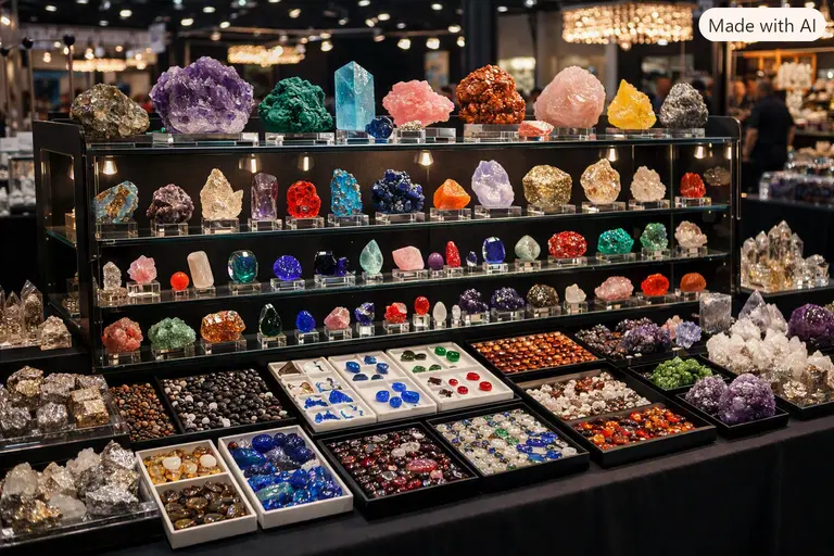 A professional booth displaying specimens at European gem and mineral shows.