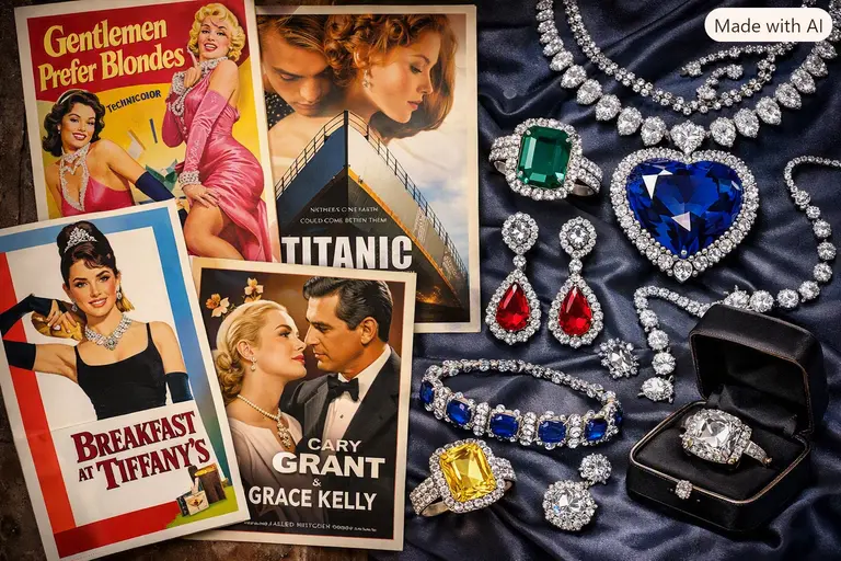 A professional booth displaying jewelry and specimens at a collection of classic gem and jewelry movies events.