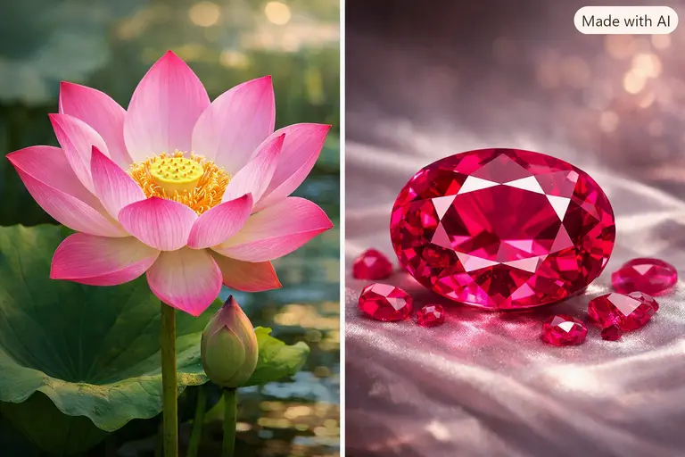 A vibrant illustration featuring an Indian state flower next to a matching gemstone.
