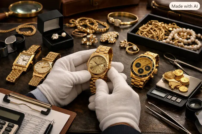 Vintage gold watches and jewellery pieces being assessed for use in circular business models.