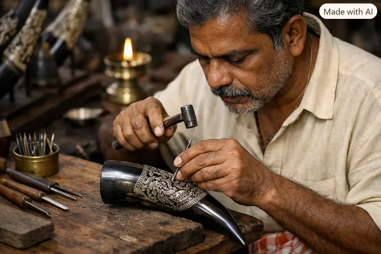 A skilled artisan in Keralam engraving a decorative pattern on a buffalo horn piece.