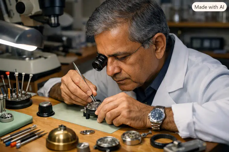 An expert watchmaker provides watchmaking education in India using precision tools at a professional bench.