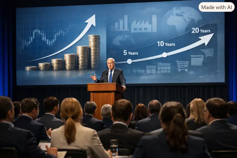 Warren Buffett speaking at a Berkshire Hathaway event about long-term business strategy.