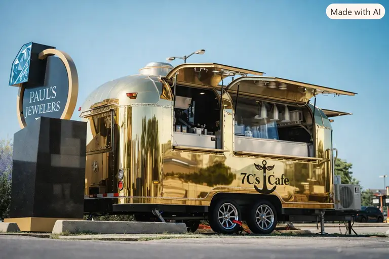 A custom trailer parked outside Paul's Jewelers serving as a 7C's Cafe for local customers.