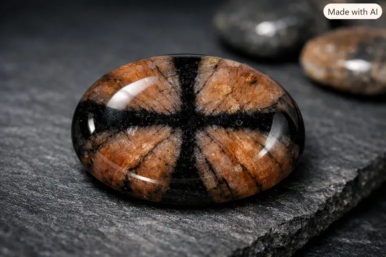 A polished chiastolite cabochon showing a distinct natural cross pattern.