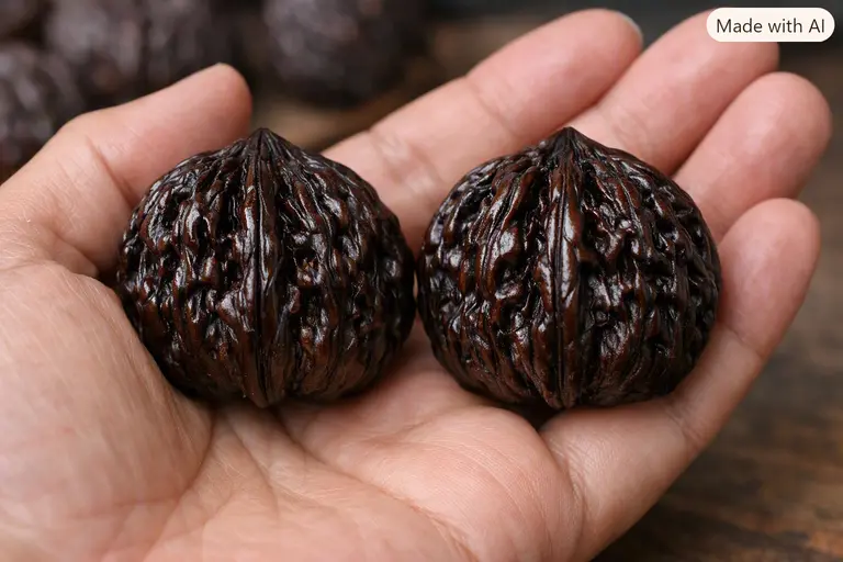 A pair of mature Laishui walnuts being held by a collector to show their unique texture.