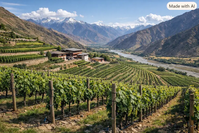 A landscape view of the high-altitude vineyards at Pazhu Winery in the Tibetan Plateau.