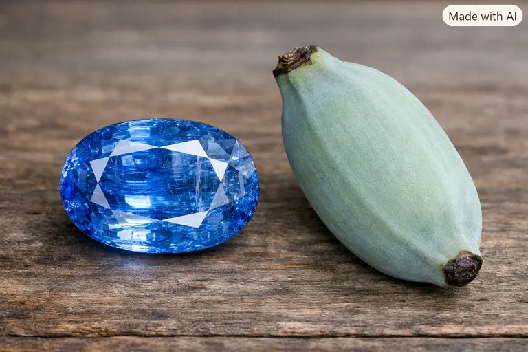A faceted piece of blue kyanite next to an unripe Blue Java banana for colour comparison.