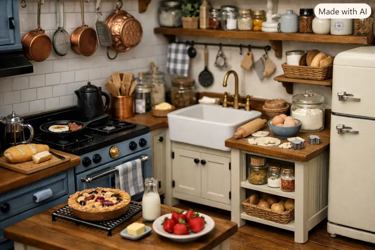 A close-up of a detailed miniature kitchen set built in 1:12 scale.