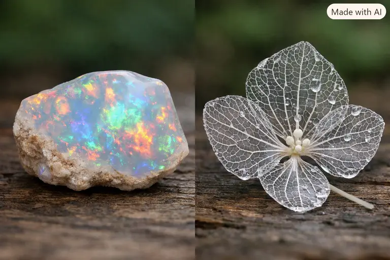 A piece of porous hydrophane opal compared to a transparent skeleton flower petal.