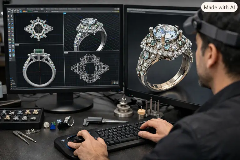 A jewellery professional using CAD software to design a complex ring setting.